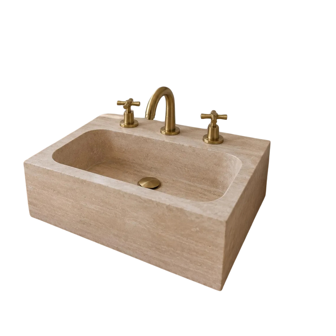 Beige Stone Rectangular Bathroom Vessel Sink