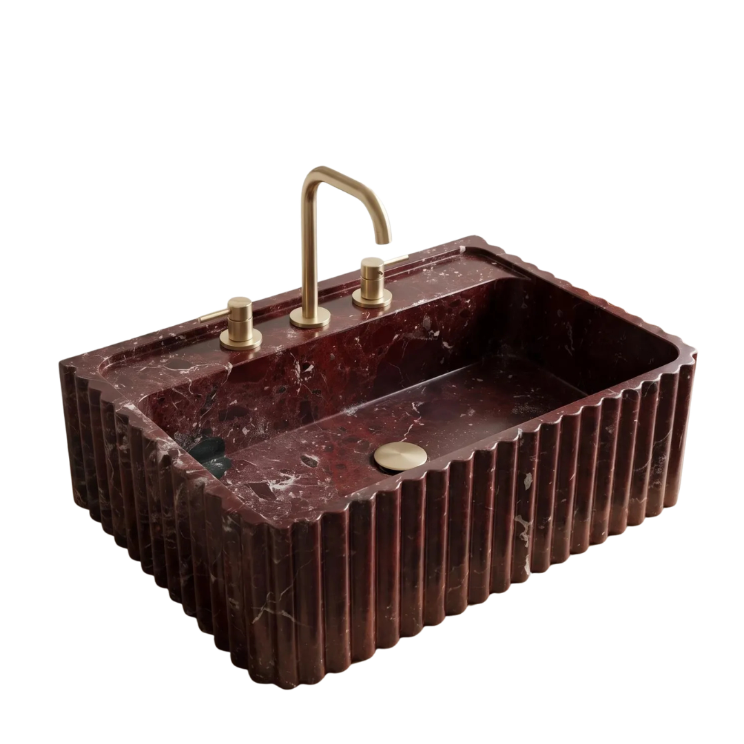 Burgundy Marble-Look Fluted Rectangular Bathroom Sink