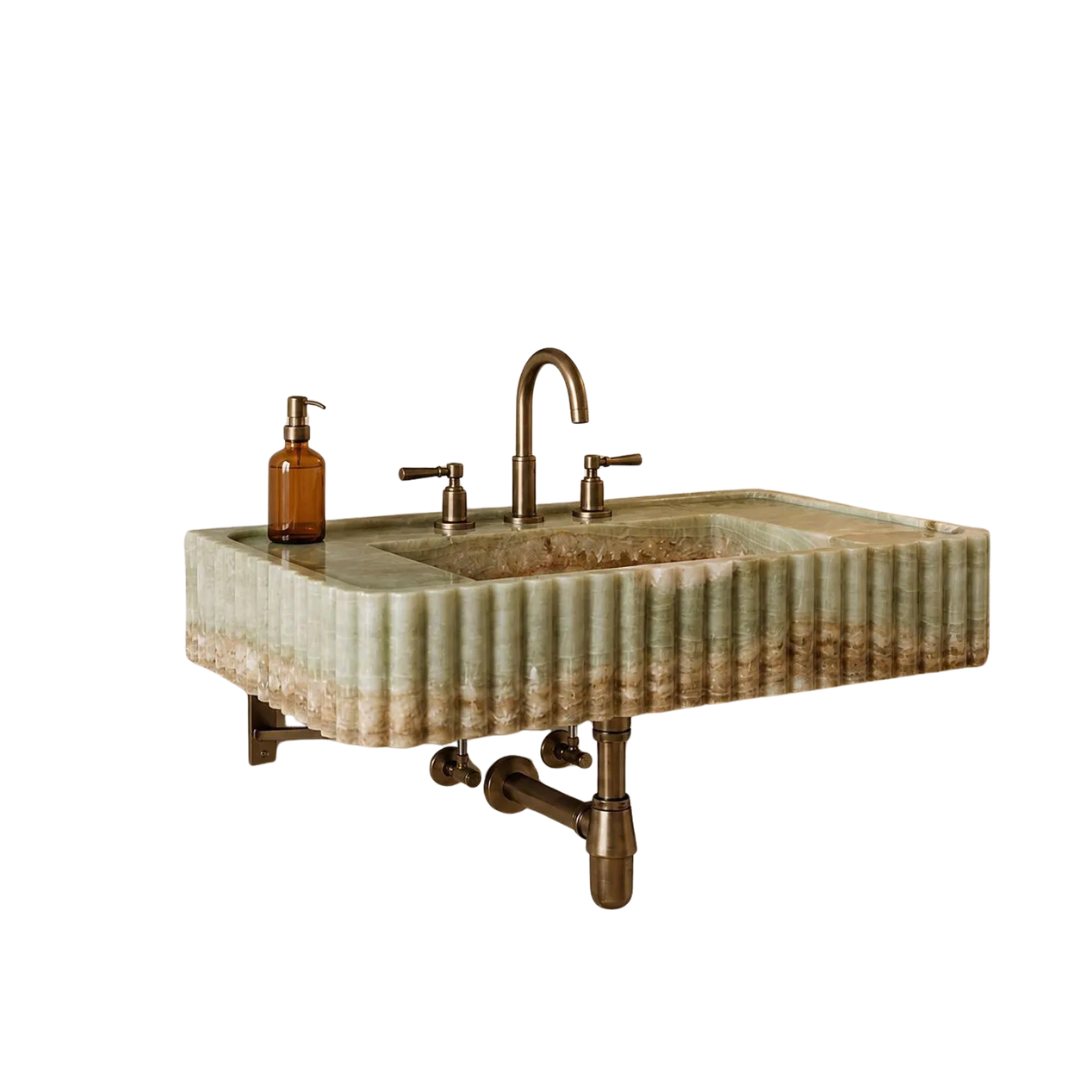 Green Onyx-Look Fluted Wall-Mounted Bathroom Sink
