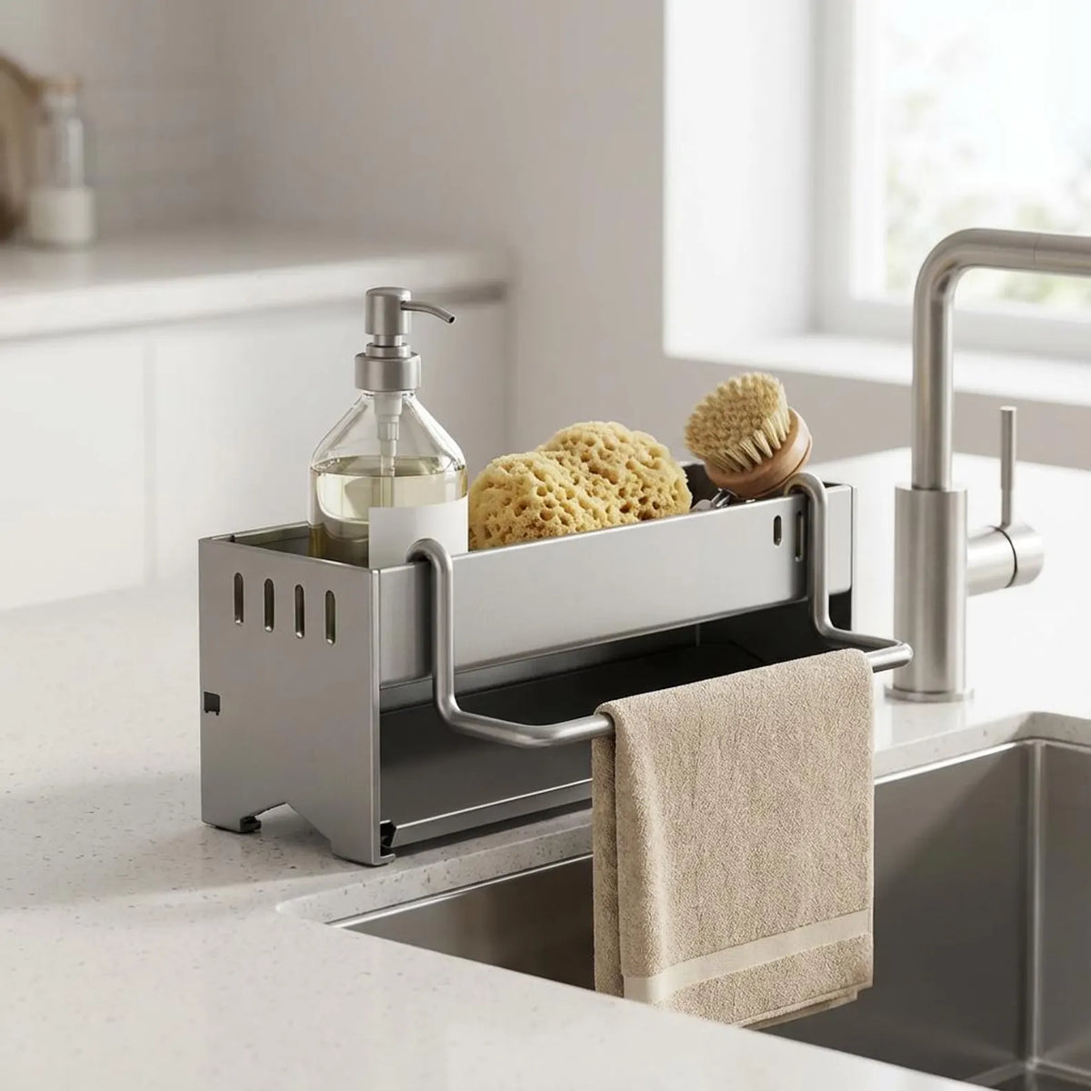 Stainless Steel Kitchen Sink Caddy Organizer with Towel Bar